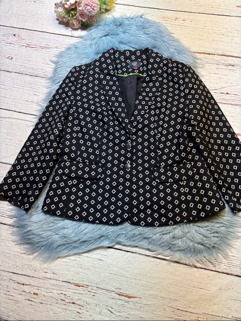 Vince Camuto Black Blazer with White Diamond Print Blazer Jacket sz 12